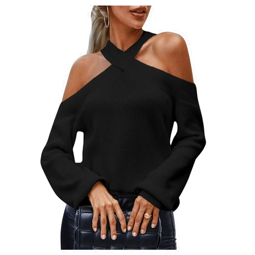 MakeMeChic Women's 2024 Fall Sweaters Cold Shoulder Criss Cross Halter Rib Knitted Long Sleeve Knit Tops