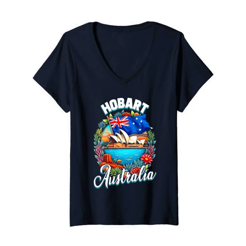 Hobart Australia Flag Aussie Designs Womens Hobart Australia Vacation Australian Travel Souvenir V-Neck T-Shirt