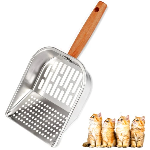 AFOLOREET Litter Scooper, Metal Litter Scoop, Pooper Scooper with Wooden Handle, Cat Litter Scoop, Metal Scooper & Speed Sifter Deep Shovel Scoop Filter for Litter Box (Easy Assembly)