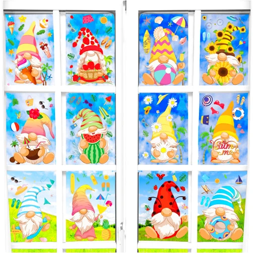 Ctosree 12 Sheets Summer Window Clings Gnome Stickers Static Summer Stickers Watermelon Ice Cream Pineapple Flower Tropical Gnome Window Clings Glass Window Decals for Kids Summer Party Decorations