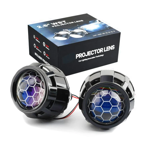 YUFANYA 2.5Inch Mini Blue Honeycomb Projector Lens,Car Headlight Retrofit Kit with Black Shrouds,70W 20,000LM 6000K-Focus Beam with Sharp Cut off Line No Blind Oncoming Car Upgrade Bi-Xenon Projector Lens
