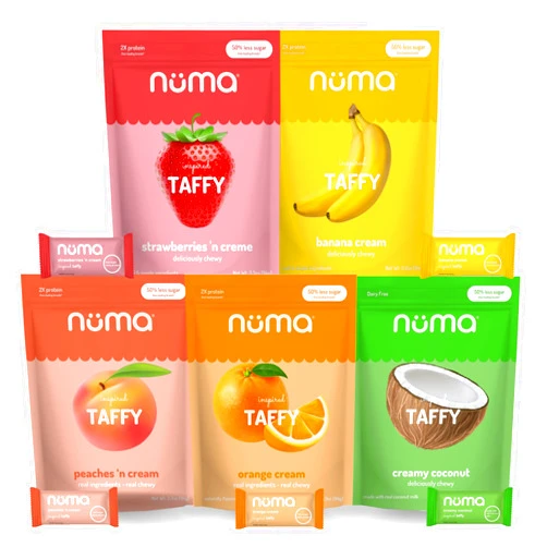 Numa Foods Nutritious Chewy & Creamy Candy Variety Pack - Low Sugar, All-Natural, Gluten Free, High Protein - 5 Bags of 10 Individually Wrapped Chews Each of Vanilla Banana Strawberry Coconut Coffee