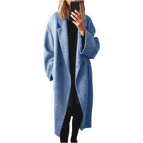 chouyatou Women's Winter Double Breasted Wool Coat Long Sleeve Notch Lapel Long Trench Coat