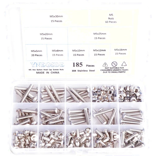 YNEGSDE M5 Button Head Socket Cap Bolts Screws 304 Stainless Steel Nuts and Bolts Assortment Kit M5 x 5mm/ 8mm/ 10mm / 12mm/ 16mm/ 20mm/ 25mm/ 30mm, Fully Machine Thread, Allen Hex Drive - 185Pcs