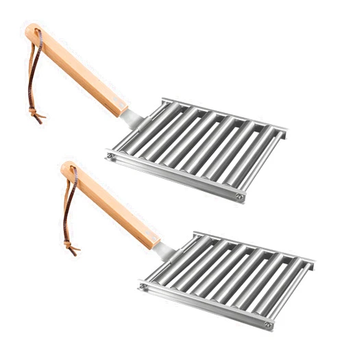 USandy 2 Pack-Hot Dog Roller for Grill, Stainless Steel Sausage Roller Grill, BBQ Hot Dog Roller Rack Evenly Cooked for 5 Hot Dog Capacity with Long Wood Handle