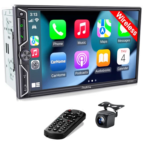 SJOYBRING [QLED Screen Upgrade] Double Din Car Stereo with Wireless Apple CarPlay and Android Auto, Bluetooth, 4.2-Channel Audio Output, MirrorLink, 7