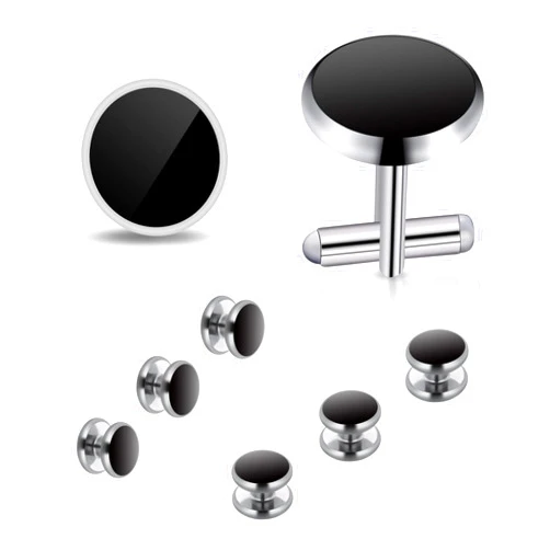 Yolev Mens Cufflinks and Studs Set Tuxedo Shirts Cuff links Black Onyx Cufflinks for Men, Classic Tuxedo Buttons Match for Business Wedding Formal Suit