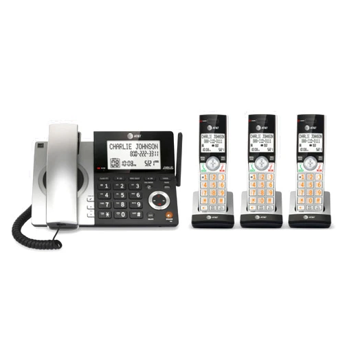 AT&T CL84307 Dect 6.0 Expandable Corded/Cordless Phone with Smart Call Blocker, Silver/Black with 3 Handsets