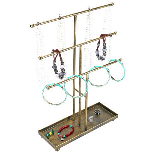 MyGift Modern Jewelry Organizer, 3 Tier Brass Metal Tabletop Bracelet and Necklace Jewelry Storage Display Tree Rack with Base Ring Tray