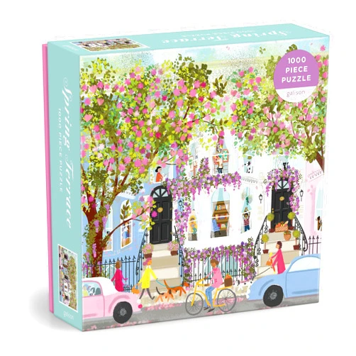 Galison Spring Terrace – 1000 Piece Joy Laforme Puzzle Featuring a Magnolia Filled Neighborhood Day On A Spring Day
