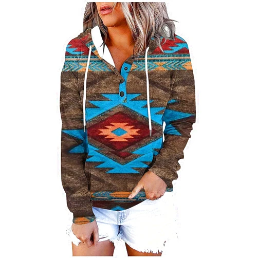 MXTPOV Womens Western Aztec Print Hoodies Casual Long Sleeve Drawstring Vintage Graphic Sweatshirts Winter Clothes 2024