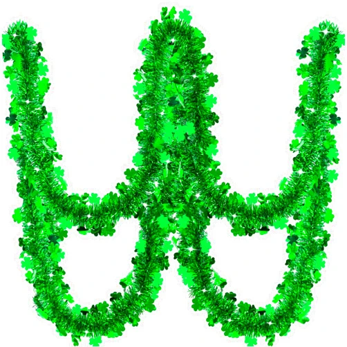 Succwoah 32.8 Feet St Patrick's Day Tinsel Garland Green Clover Tinsel Garland St Patricks Day Decorations Hanging Twist Shamrock Garland for Irish St. Patrick's Day Wall Party Window Decor
