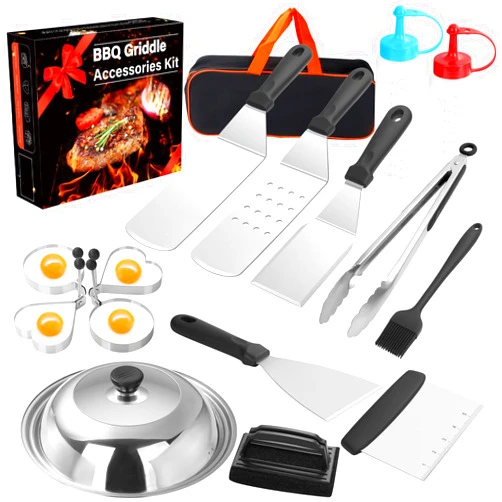 Blingco Griddle Accessories Kit, 17PCS Flat Top Grill Accessories Set for Blackstone and Camp Chef, Enlarged Spatulas, Basting Cover, Scraper, Tongs, Stain Steel Grill Spatula Kit for Outdoor BBQ & Cooking