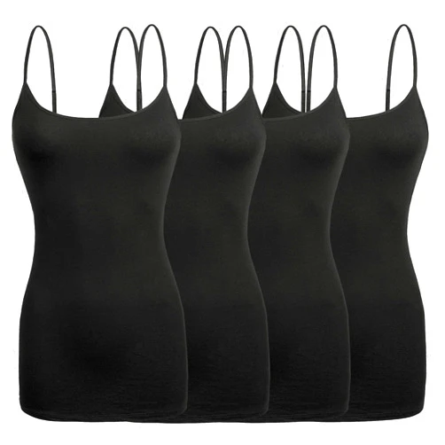 Arctic Sheep Basic Long Solid Camisole for Women with Adjustable Spaghetti Strap Layering Undershirt Tank Top, Black, Black (4 Pack), Large