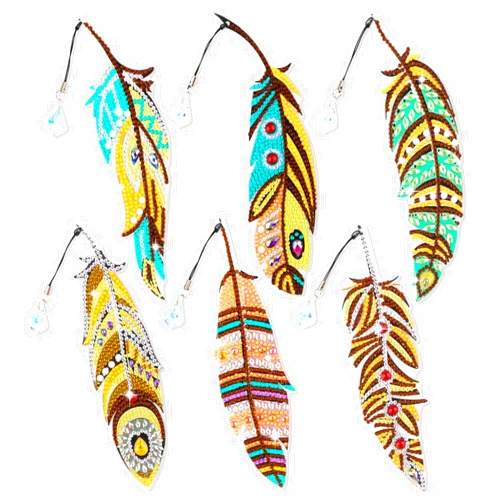 Antor 6 Pieces DIY Diamond Painting Feather Bookmarks 5D Diamond Drawing Bookmarks Leaf Feather Peacock Feather Rhinestone Bookmarks Acrylic Art Bookmarks Adults Craft Supplies