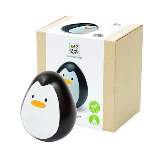 PlanToys® Penguin Wobbler Montessori Wooden Baby Sensory Toy for Tummy Time | Cause & Effect Developmental Toy for Babies 6+ Months