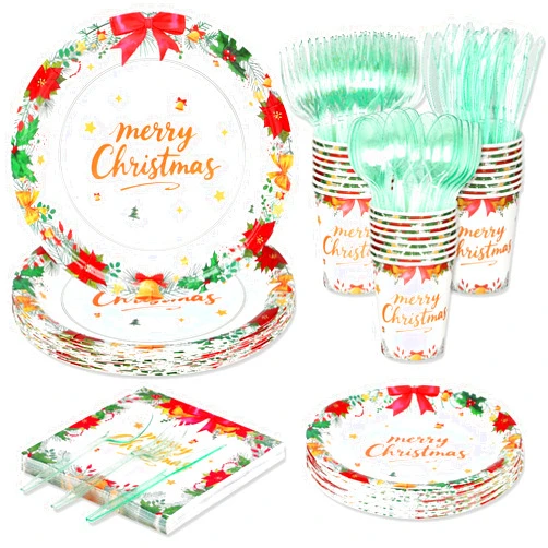 Qonimi 175 Pcs Christmas Paper Plates and Napkins Sets wreath, bell, bowknot Disposable Tableware Set Includes Dinner & Dessert Paper Plates, Napkins, Cups & Forks Christmas Party Supplies Serve 25