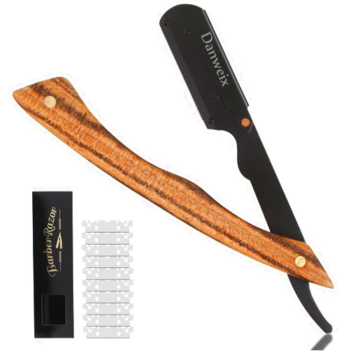 Danweix Safety Straight Razor for Men, Professional Barber Shaving Razor with 10pcs Blades, Straight Edge Single Blade Razors for Men, Stainless Steel Razor Wooden Handle (Brown)