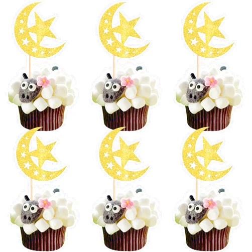 YCTHUNFISH 24 Pack Moon and Star Eid Mubarak Cupcake Toppers Glitter Star Ramadan Kareem Cupcake Pick Islamic Muslim Theme Party Cake Decoration Supplies Gold