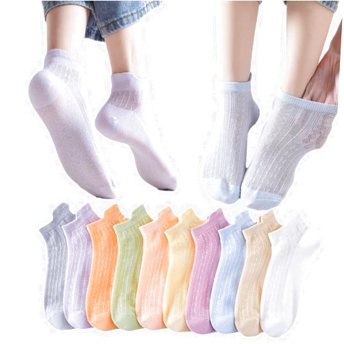 Homrap 10 Pairs Candy-Colored Ladies' Short Tube Socks with Mesh, Thin, Breathable, Anti-odor Cotton Boat Socks