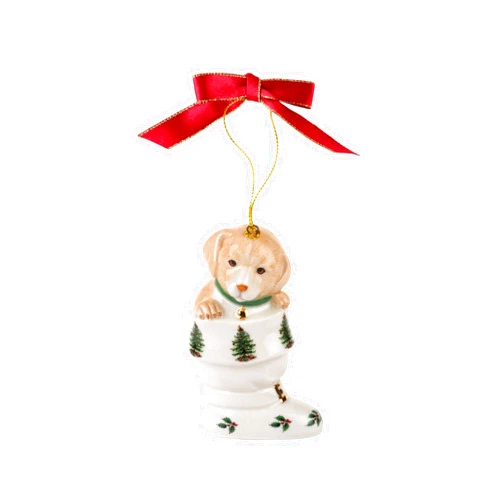 Spode Christmas Tree Puppy in Boot Ornament, Festive Holiday Bauble for Christmas Tree, Earthenware Hanging Decoration with Red Ribbon for Easy Hanging, Decorative Accent & Keepsake Gift