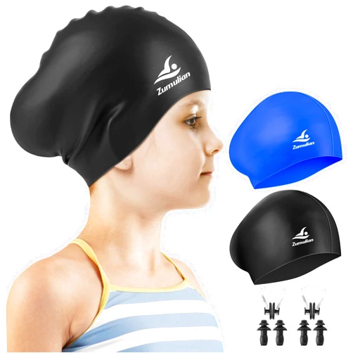 ZUMULIAN Kids Long Hair Swim Cap,Silicone Swimming Cap for Girls Boys,Waterproof Swim Hats with Ear Plugs & Nose Clip