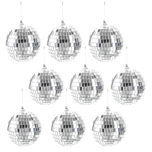 Suwimut 9 Pack Mirror Disco Ball, 4 Inch Small Reflective Mirror Ball Ornaments Silver Hanging Disco Ball with Attached String for Reflect Light, Party Favor, Home Bands Decorations, Stage Props