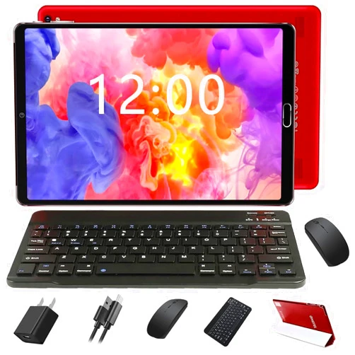 GOODTEL 2025 Tablet 10 inch Android 13 Octa-Cores 10GB RAM 64GB ROM (TF 1TB), WiFi 5G, Bluetooth 5.0, GPS, OTG, Type-C, 8MP+5MP, Tablet PC with Case, Keyboard and Mouse, Red