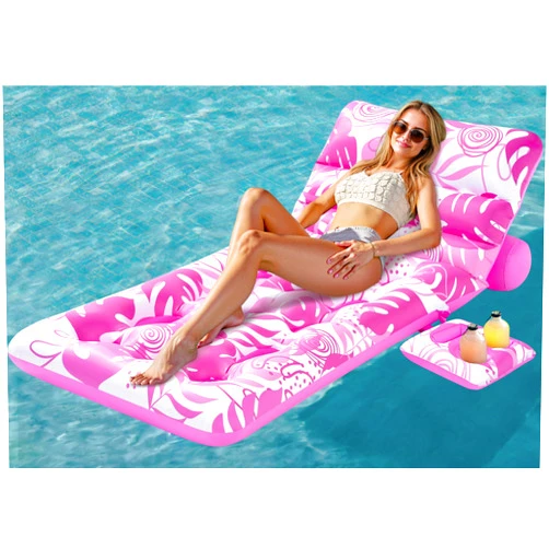 SLOOSH Adjustable Backrest Pool Floats - Tropical Leaves Pool Lounger Floaties Adults with Cup Holders, Inflatable Tanning Float Rafts Chair Beach Lake Lounge Floating Above Water Keep Cool (Pink)