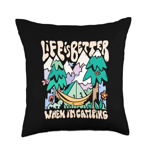 Camping Zelten Campen lustige Sprüche Wohnwagen Life is Better Campfire Camping Tent Forest Throw Pillow, 18x18, Multicolor