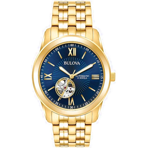 Bulova Men's Classic 3 Hand Automatic Gold Stainless Steel Watch, Blue Dial (Model:97A131)