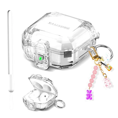 YIPINJIA [Upgrade Lock] Clear Case for Galaxy Buds 2 Pro/Buds Pro/Buds 2 / Buds Live, Transparent Hard PC Full Protective Cover Compotible with Samsung Buds Earbuds with Fashion Candy Keychain (Clear)