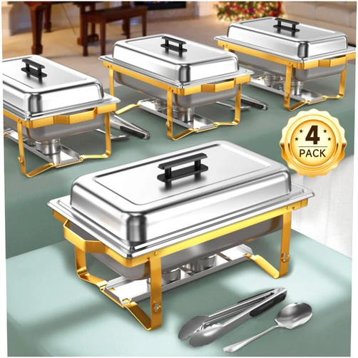 KScocina Chafing Dish Buffet Set, 4 Pack 9.5QT Chafing Dish High Grade Stainless Steel Chafer Complete Set, Gray Handle, Kitchen and Dining Utensils (Golden, 4)