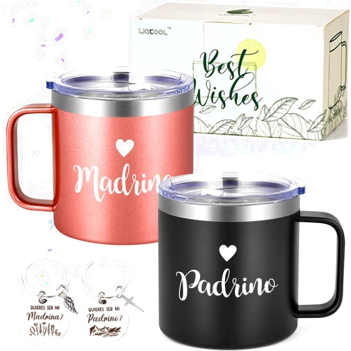 LiqCool Godparents Proposal Gift, Padrinos Madrina Gifts 14oz Tumbler with Keychain Gift Set, Godparents Gift from Godchild, God Parents Presents for Baptism(Black & Rose gold)