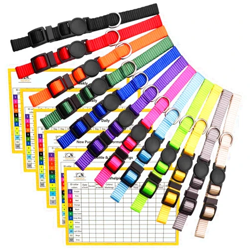 Stpiatue Puppy Collars for Litter Puppy ID Collars Whelping Supplies Soft Nylon Breakaway Coloured Collars with 6 Record Keeping Charts(M)