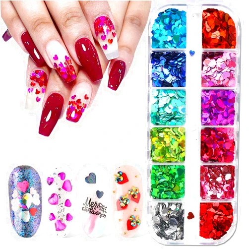 MEIQIER 3D Heart Nail Art Stickers Glitter Decals Love Nail Sequins Laser Heart Nail Supplies Sparkle Nail Flakes Mixed Size Colorful Shiny Design for Acrylic Nail Supplies Charms Nail Decorations Accessories
