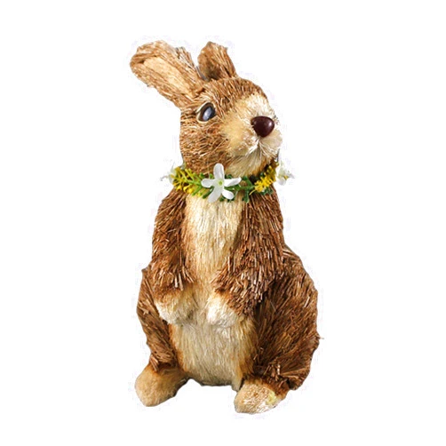 Leefasy Lovely 8inch Easter Straw Bunny Standing Figurine Farmhouse Rabbit Wear Wreath Bunnies Wedding Desktop Outdoor Handmade Sculpture