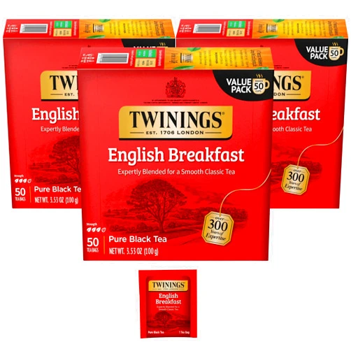 Twinings English Breakfast Black Tea Individually Wrapped Bags, 50 Count (Pack of 3), Smooth, Flavourful, and Robust, Caffeinated, Enjoy Hot or Iced