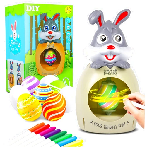 ACROFEK Bunny Egg Spinner, Easter Toys Egg Decorating Kit, DIY Egg Coloring Spinner with 8 Plastic Eggs & 8 Colorful Markers for Kids Boys Girls (Gray)