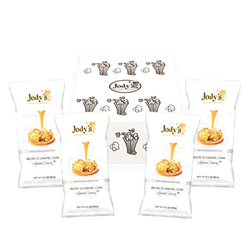 Jody's Jody’s Gourmet Popcorn, Recipe 53 Caramel Corn. 6.5oz Bag, Pack of 4. Gourmet, Rich, Decadent Caramel Popcorn. Gluten-Free, No Preservatives, Kosher Certified, Made with Non-GMO Popcorn Kernels.