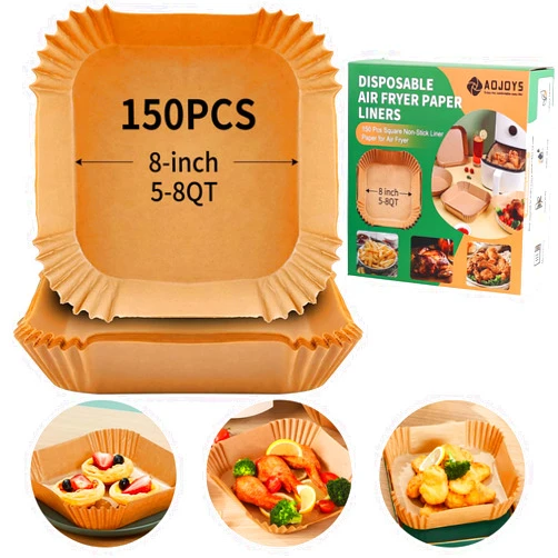 AOJOYS Air Fryer Liners Disposable Paper, 150 PCS Non-stick Parchment Paper, Air Fryer Disposable Liners For 5-8QT Air fryer, Oil-proof 8 Inch Airfryer Paper for Frying, Baking, Roasting Microwave (Square)