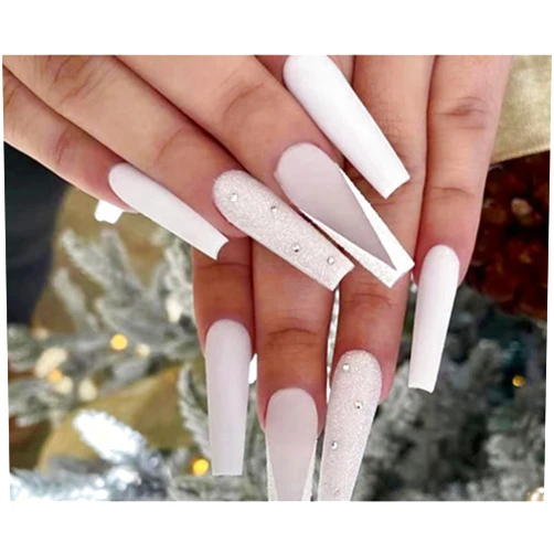 Vemalo Coffin Press on Nails Long White False Nails Ballerina Extra Stick on Nails for Women and Girls 24Pcs