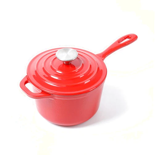 HAWOK Enameled Cast Iron Mini Saucepan, 1QT Saucepan with Lid and Long Handle, Red