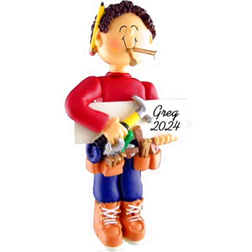 Calliope Designs Carpenter Personalized Christmas Ornament - Male - Brown Hair - Handpainted Resin - 4