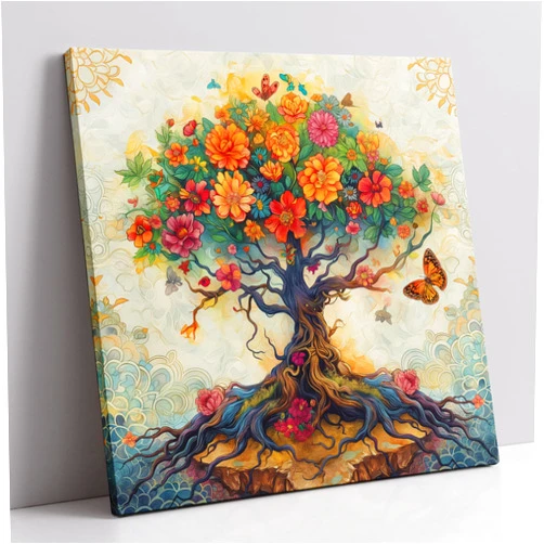 VisEnt Tree of Life Canvas Wall Art, Colorful Nature Abstract Prints, Butterfly Wall Art, Modern Landscape Artwork Home Decor for Living Room Bedroom Bathroom Office (16x16 Inches)