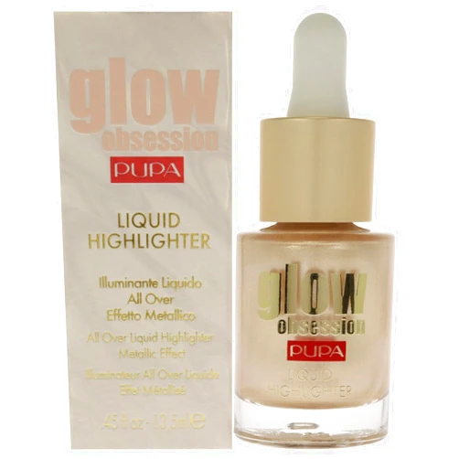 PUPA Milano Glow Obsession Liquid Face Highlighter - Stunning Glowing-From-Within Look - Luminous Baked Powder - Lightweight All-Over Powder, Highlight, Blush, And Bronzer - 002 Moon Light - 0.45 OZ
