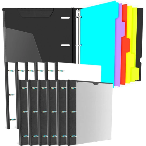 JISUSU 1 inch Telescoping 3 Ring Binder -12 PCS, Refillable 3 Ring Binder with 5 Colors Dividers,Plastic Binder with Customizable Front Cover and Binder Pocket - Black and White