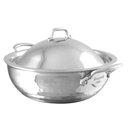 Mauviel M'Elite 5-Ply Hammered Polished Stainless Steel Chef Pan With Dome Lid, And Cast Stainless Steel Handles, 3.3-qt, Made in France