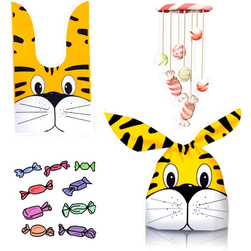 RORANIC 50 Pack Candy Gift Bags,Cute Tiger Small Goodie Bags for Kids Birthday Party, Cellophane Bags for Treats,Cooky,Cookies,Toys,Snacks,Baby Shower Party Favor Bags
