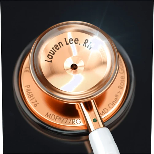 MDF Instruments, Engravable - MDF Rosegold MD One Stainless Steel Personalized Custom Stethoscope, Adult, White Tube, Rosegold Chestpieces-Headset, MDF777RG29-ENGRAVING